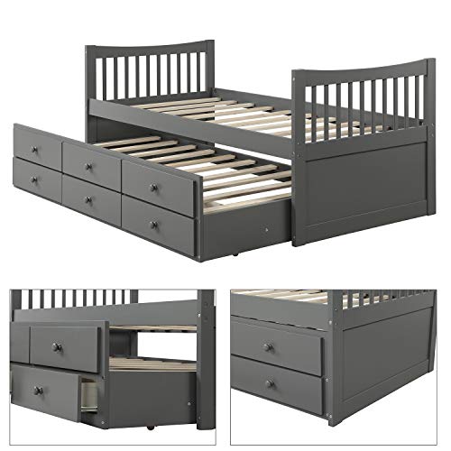 Twin Captain's Bed Storage daybed with Trundle and Drawers for Kids Guests