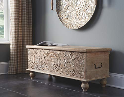 Transform Your Home with the Fossil Ridge Storage Bench – Antique White with Medallion Carvings