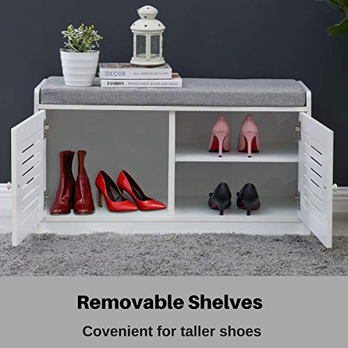 Sturdis Shoe Storage Bench White - Cushion Seat - Adjustable Shelves