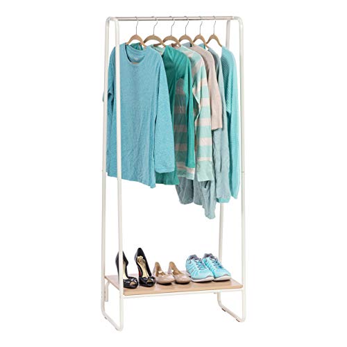 IRIS Metal Garment Rack with Wood Shelves, White and Light Brown