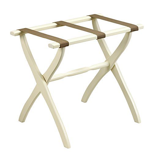 Ivory folding luggage rack with beige straps and contour wood legs, supports suitcase up to 200 lbs.