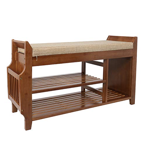 YUSING Bamboo Shoe Rack Bench W/Removable Cushion/Hidden