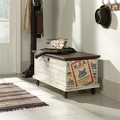 Pemberly Row Rolling Trunk Coffee Table in White Plank