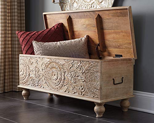 Transform Your Home with the Fossil Ridge Storage Bench – Antique White with Medallion Carvings