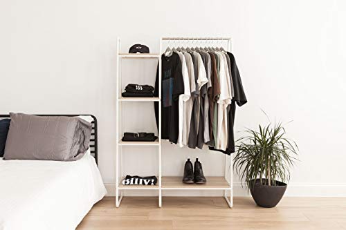 IRIS Metal Garment Rack with Wood Shelves, White and Light Brown