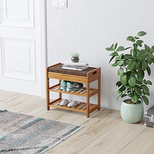 C&AHOME Bamboo Shoe Bench, 3-Tier Shoe Rack Entryway