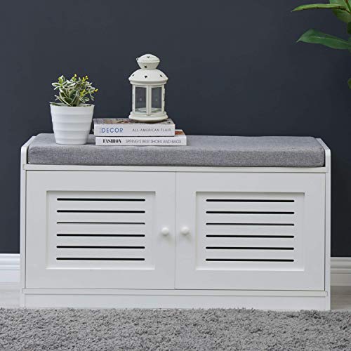 Sturdis Shoe Storage Bench White - Cushion Seat - Adjustable Shelves