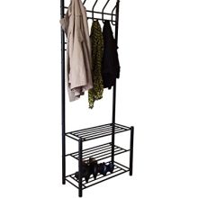 Black Metal Entryway Storage 3-tier Shoe with Coat Hat Rack