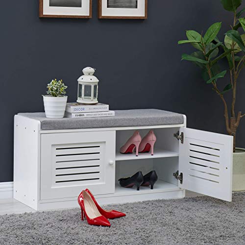 Sturdis Shoe Storage Bench White - Cushion Seat - Adjustable Shelves