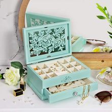 SONGMICS Girls Jewelry Box Wooden Flower Carving Jewelry Organizer