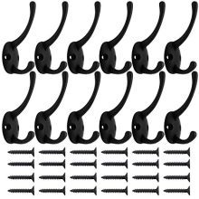 12 Pack Black Coat Hooks Wall Mounted with 24 Screws Retro Double Hooks