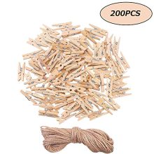 Areedy Wooden Clothes Pins 2.5cm Sturdy Mini Clothespins Photo Clips with Jute Twine Multi-Function Clothespins Photo Paper Peg Pin Craft Clips 200Pieces