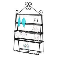 Flexzion Jewelry Tower Organizer, Metal Accessories Holder, Antique 4-Layer Display Stand for Hanging Earrings Necklaces Bracelets, Ornament Storage for Dresser Nightstand Tabletop Desktop, Black