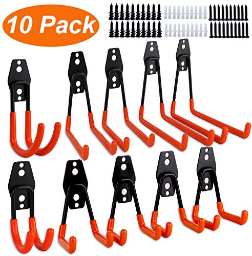 Dirza Steel Garage Storage Utility Double Hooks, Heavy Duty U- Hooks for Organizing Power Tool, Ladder, Bulk Items, Shovel, Ropes 10 Pack