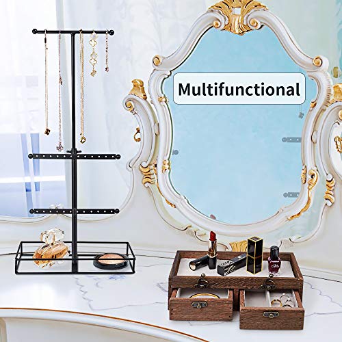 Biewoos Jewelry Organizer Storage Box with Wooden Drawer, 3 Tier Jewelry Stand