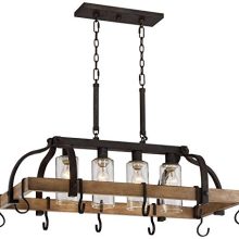 Eldrige Rustic Bronze Pot Rack Chandelier – 4-Light Kitchen Island Fixture with Hooks & Seeded Glass