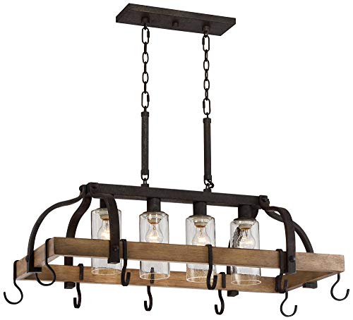 Eldrige Rustic Bronze Pot Rack Chandelier – 4-Light Kitchen Island Fixture with Hooks & Seeded Glass