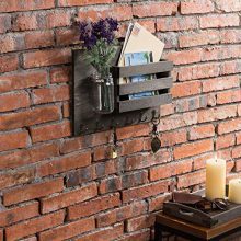 MyGift Vintage Grey Wood Wall Mounted Mail Holder with 6 Key Hooks & Mason