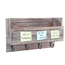 Kakivan Rustic Wood Wall 4 Key Holder Hooks Memo Clips, Entryway Organizer