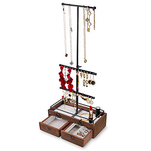 Biewoos Jewelry Organizer Storage Box with Wooden Drawer, 3 Tier Jewelry Stand, Jewelry Holder for Necklaces, Earrings, Bracelets, and Accessories Holder Carbonized Black