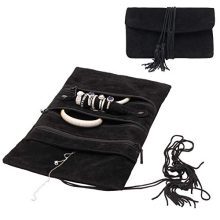 Travel Suede Jewelry Organizer Roll Bag, Foldable and Portable Easy to Carry Jewel Storage Holder with Drawstrings (Black)