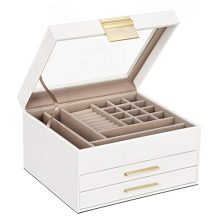 SONGMICS Jewelry Box with Glass Lid, 3-Layer Jewelry Organizer with 2 Drawers