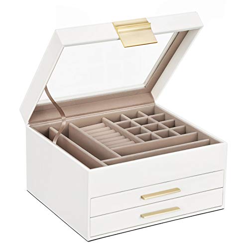 SONGMICS Jewelry Box with Glass Lid, 3-Layer Jewelry Organizer with 2 Drawers