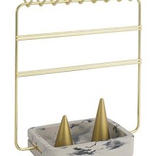 Nakko Modern Jewelry Organizer | Gold Metal 3 Tier Necklace and Earring Display Rack with Ring Holder (Gold + Marble)