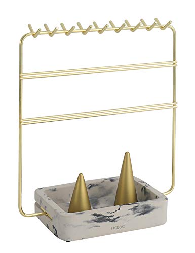 Nakko Modern Jewelry Organizer | Gold Metal 3 Tier Necklace and Earring Display Rack with Ring Holder (Gold + Marble)