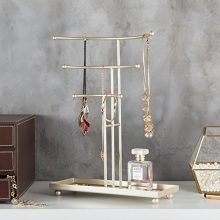 MyGift Gold-Tone Metal Tabletop 3-Tier T-Bar Necklace Stand