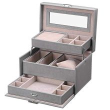 BEWISHOME Jewelry Box for Women Girls Jewelry Organizer with Lock Mirror Jewelry Boxes Display Storage Case Holder Portable Travel Case Grey SSH77H