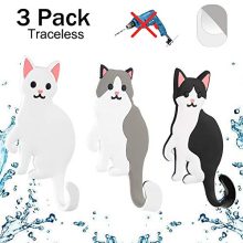 Elegear Cute Animal Adhesive Wall Hooks, Reusable Waterproof Removable Key Hook for Home, Kitchen, Bathroom, Set of 3 (Cat)