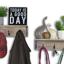 Spiretro Set of 2 Wall Mount Floating Shelves with Metal Hooks -16 inch, Hat Bag Coat Rack, Leash Key Holder, Organize Storage Hang Decorative for Entryway Hallway Bedroom, Rustic Torched Wood - Grey