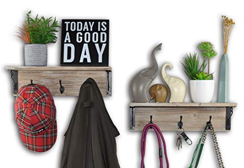 Spiretro Set of 2 Wall Mount Floating Shelves with Metal Hooks -16 inch, Hat Bag Coat Rack, Leash Key Holder, Organize Storage Hang Decorative for Entryway Hallway Bedroom, Rustic Torched Wood - Grey
