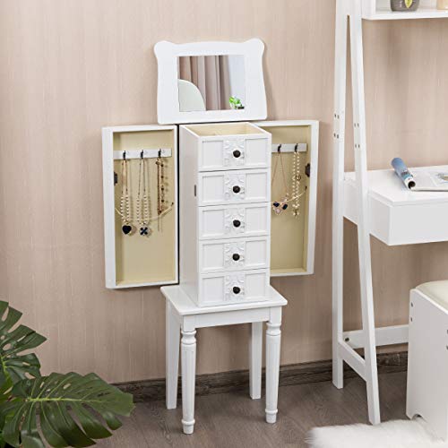 CHARMAID Standing Jewelry Cabinet Armoire with Top Flip Makeup Mirror