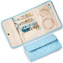Tidy Jewels! Travel Jewelry Organizer - Traveling Jewelry Case with Tangle-Free Necklace Jewelry Storage, Earring Holder, Ring Organizer and Bracelet Holder Pouch - 9 x 6 Inch Jewelry Roll Bag (Blue)