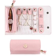 JIDUO Travel Jewelry Organizer Roll Foldable Faux Leather Small Jewelry Case Jewelry Storage Bag for Necklaces Earrings Bracelets Rings Brooches and More Easy to Carry (Pink)