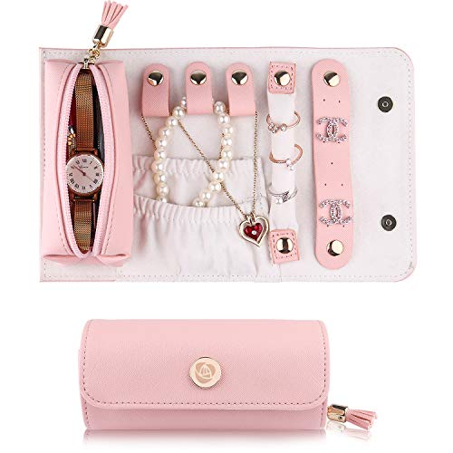 JIDUO Travel Jewelry Organizer Roll Foldable Faux Leather Small Jewelry Case Jewelry Storage Bag for Necklaces Earrings Bracelets Rings Brooches and More Easy to Carry (Pink)