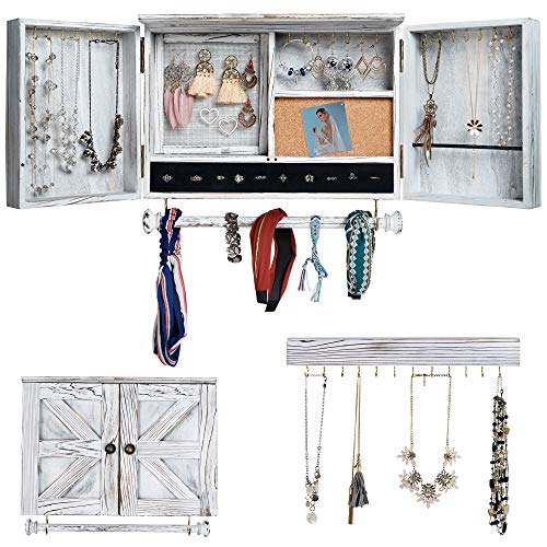 Rustic Jewelry Organizer with Wooden Barndoor for Home Decor | Wooden Wall Mount Holder for Necklaces, Bracelets, Earrings, Ring Holder, and Accessories | Hanging Jewelry Box includes Hook Organizer