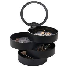 Allinside 4-Layer Jewelry Box with Mirror, 360 Degree Rotatable Jewelry Organizer with Lid, Cylindrical Storage Case for Earrings Necklaces Bracelets Rings, Black