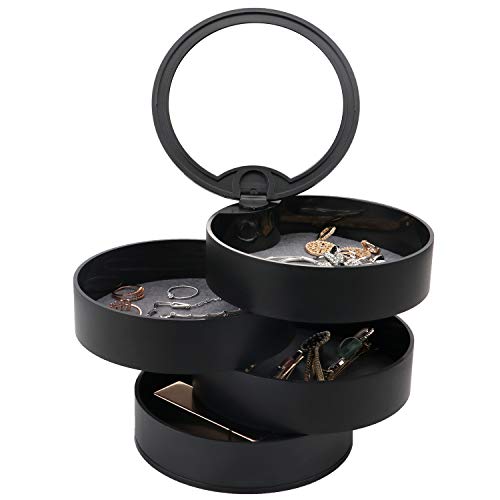 Allinside 4-Layer Jewelry Box with Mirror, 360 Degree Rotatable Jewelry Organizer with Lid, Cylindrical Storage Case for Earrings Necklaces Bracelets Rings, Black