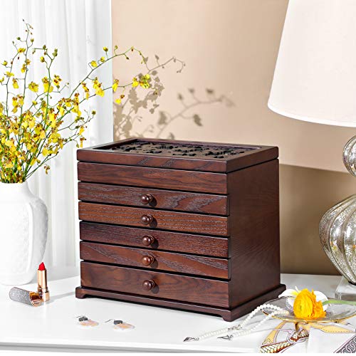 SONGMICS Large Jewelry Organizer Wooden Storage Box 6 Layers Case