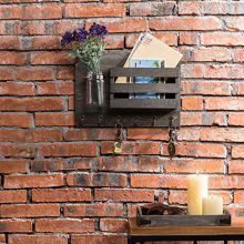 MyGift Vintage Grey Wood Wall Mounted Mail Holder with 6 Key Hooks & Mason