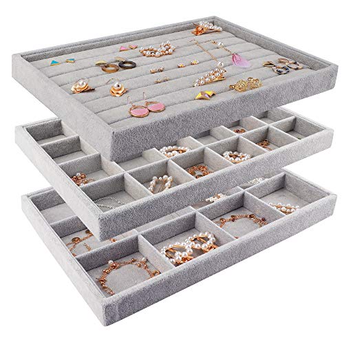 Mebbay Stackable Velvet Jewelry Trays Organizer, Jewelry Storage Display Trays for Drawer, Earring Necklace Bracelet Ring Organizer, Set of 3 (Grey)