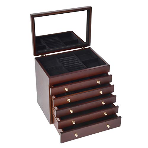 Caffny Large Wooden Jewelry Box Lady Jewelry Storage Box,Built-in Mirror