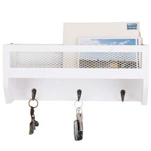 MyGift 16-Inch White Wood Wall-Mounted Shelf with Key Hooks