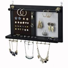 Gotland Jewelry Organizer Wall Mounted Hanging Jewelry Holder with Removable Bracelet Rod, Necklaces Hooks, Ring Holder,Earings Wire Mesh,Velvet Earring Display,Decorative Shelves(Dull Black)