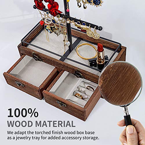 Biewoos Jewelry Organizer Storage Box with Wooden Drawer, 3 Tier Jewelry Stand