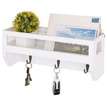 MyGift 16-Inch White Wood Wall-Mounted Shelf with Key Hooks