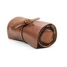 CUSTOM PERSONALIZED INITIALS ENGRAVING Tony Perotti Womens Italian Cow Leather Premium Combination Jewelry Roll with Tie Closure in Cognac